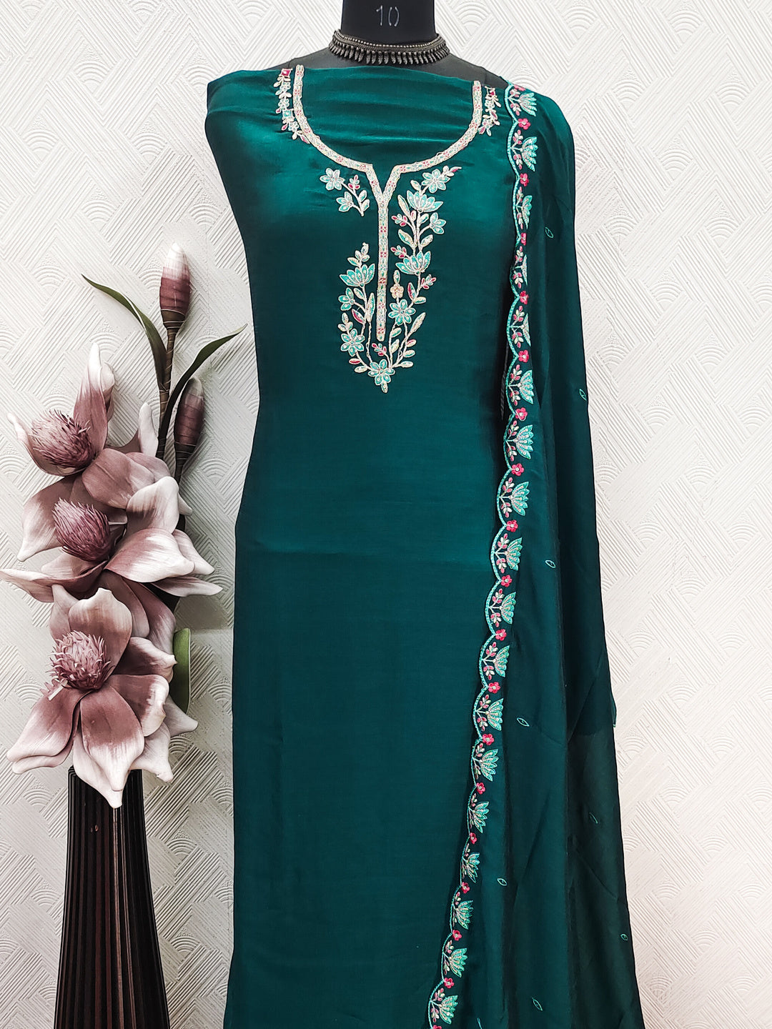 Peachmode Teal Vichitra Silk Floral Embroidered Unstitched Dress Material - Image 6