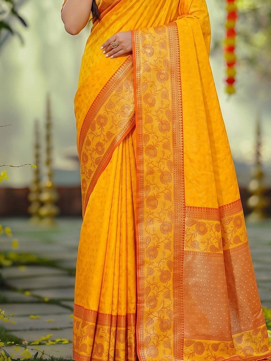 Peachmode Yellow Silk Blend Woven Saree - Image 5