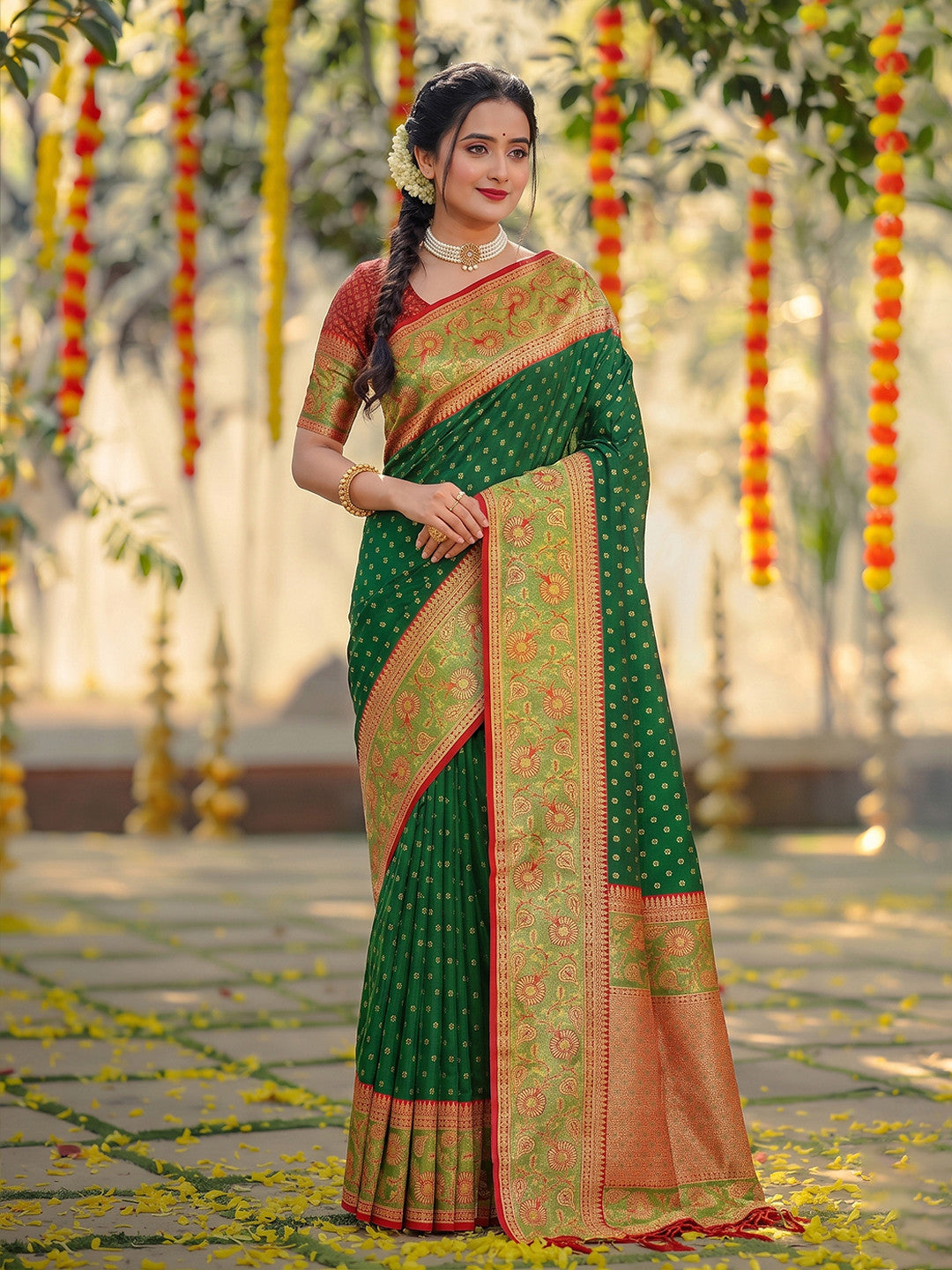 Peachmode Dark Green Silk Blend Woven Saree - Image 1