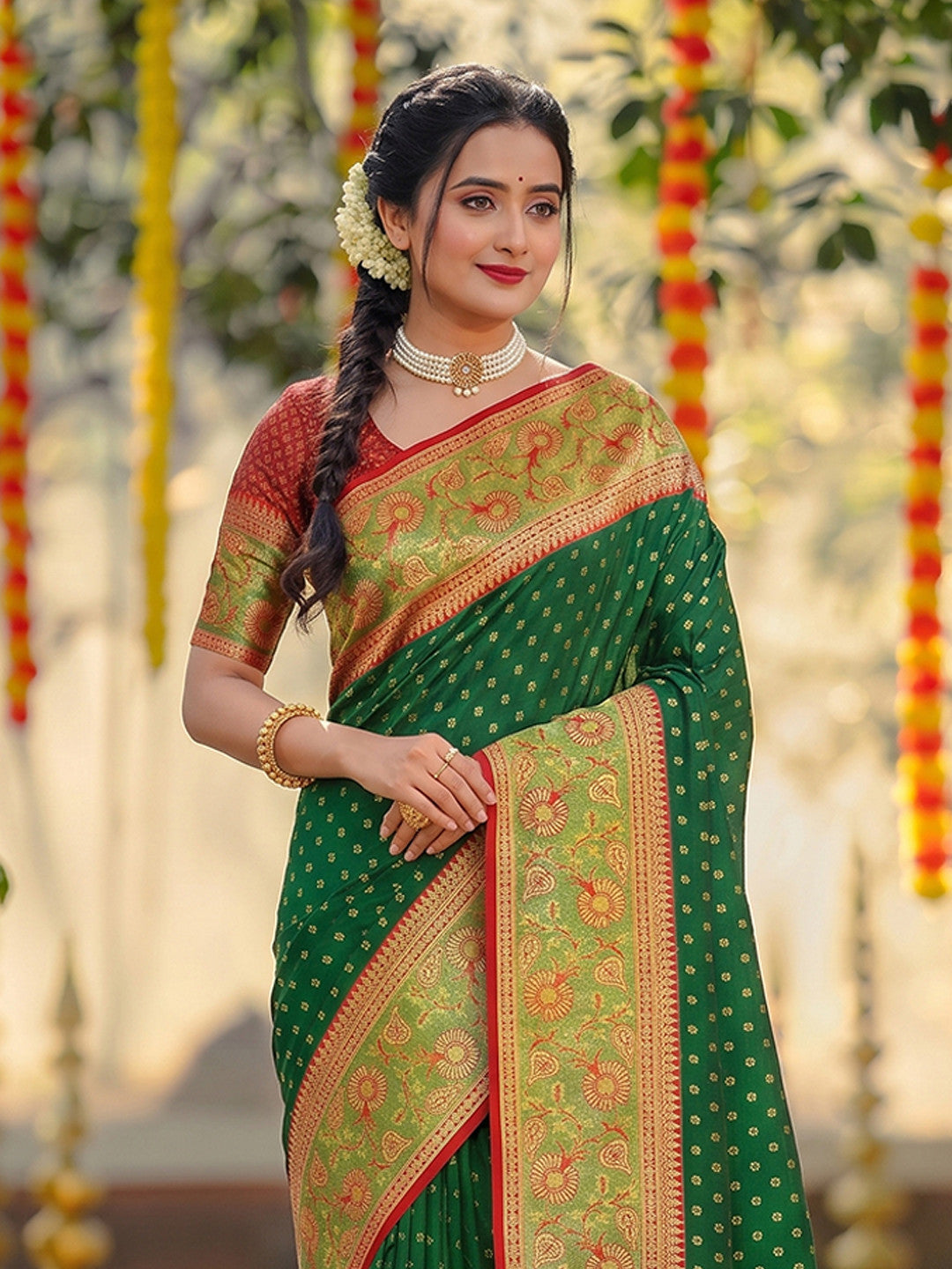 Peachmode Dark Green Silk Blend Woven Saree - Image 3