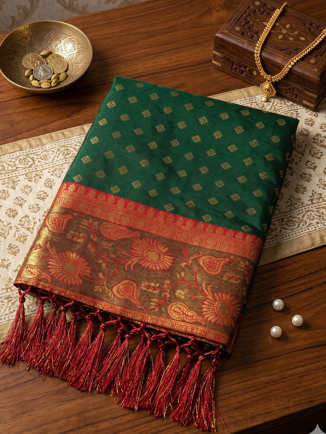 Peachmode Dark Green Silk Blend Woven Saree - Image 4
