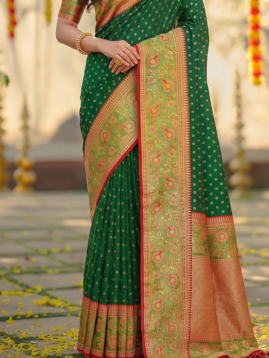 Peachmode Dark Green Silk Blend Woven Saree - Image 5