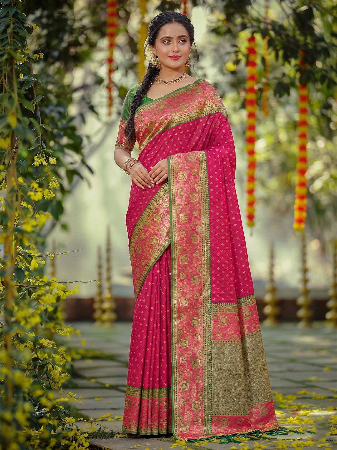 Peachmode Dark Pink Silk Blend Woven Saree - Image 1