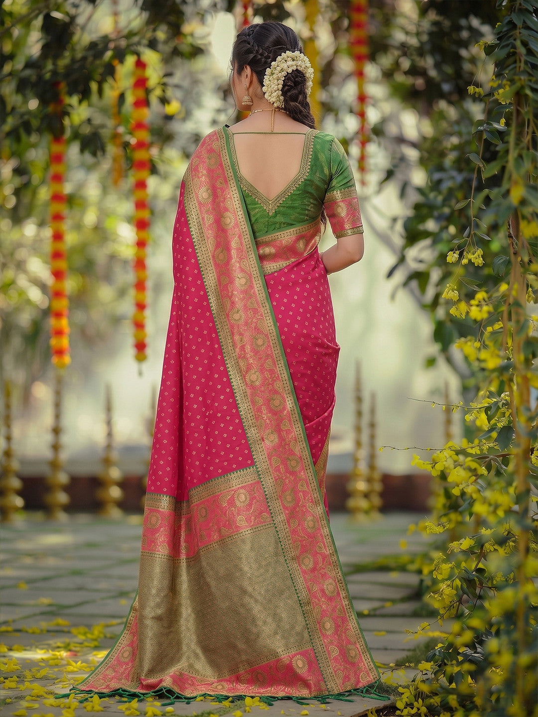 Peachmode Dark Pink Silk Blend Woven Saree - Image 2