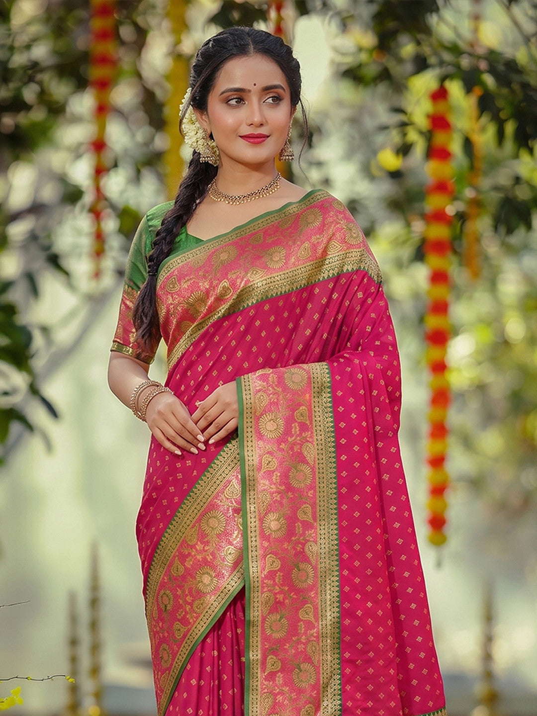 Peachmode Dark Pink Silk Blend Woven Saree - Image 3