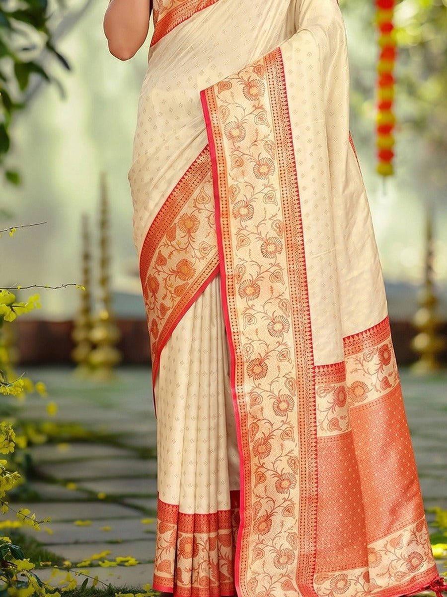 Peachmode Off White Silk Blend Woven Saree - Image 5
