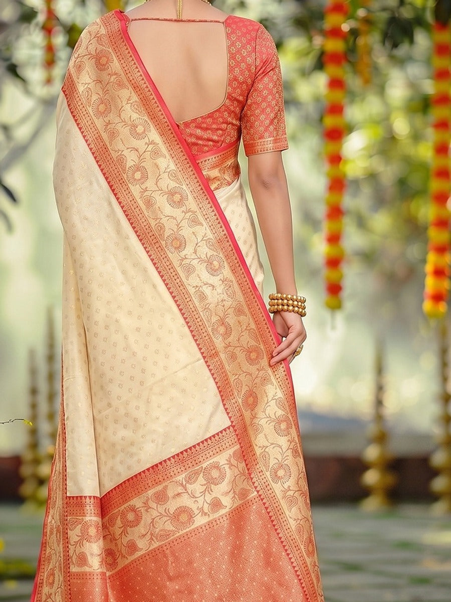 Peachmode Off White Silk Blend Woven Saree - Image 6