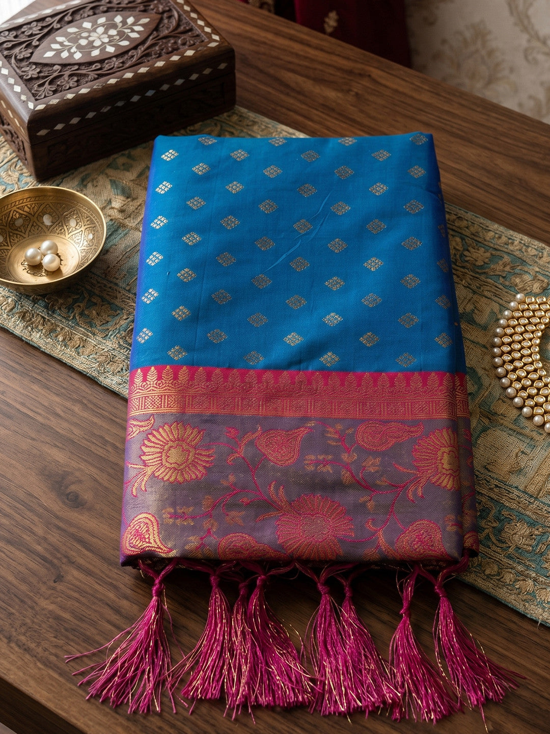 Peachmode Blue Silk Blend Woven Saree - Image 4