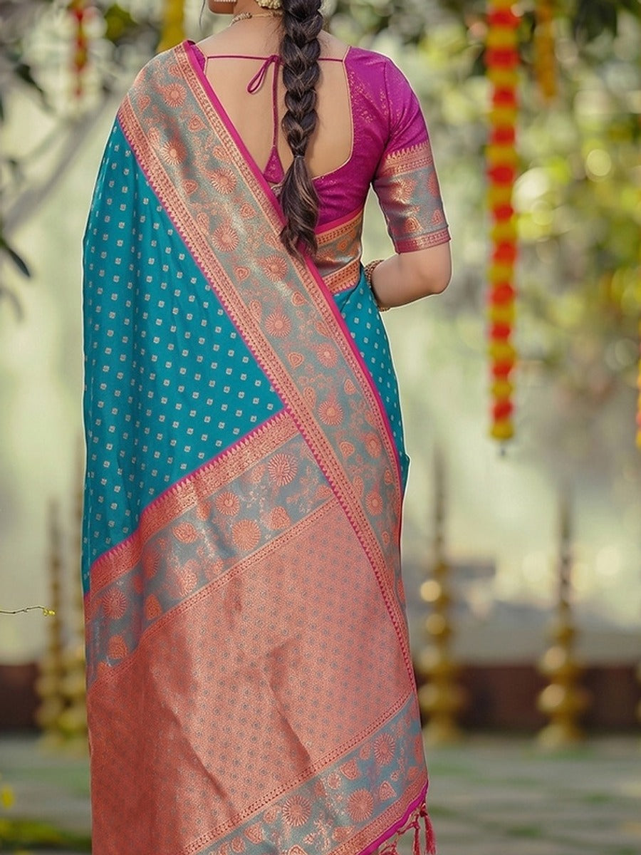 Peachmode Blue Silk Blend Woven Saree - Image 6