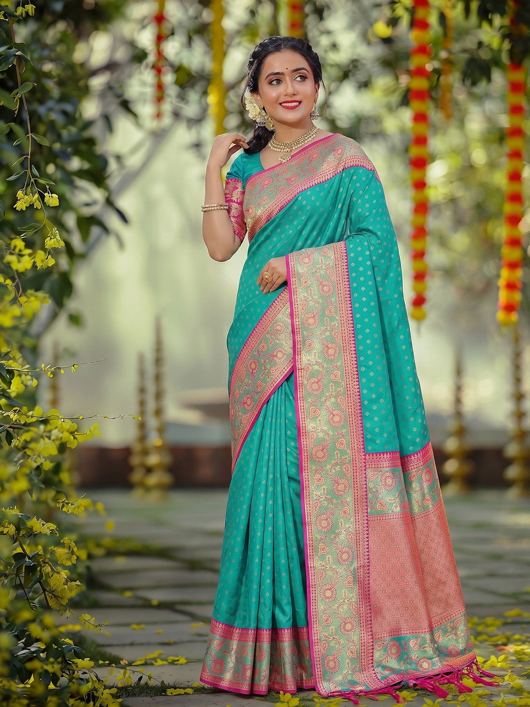 Peachmode Sea Green Silk Blend Woven Saree - Image 1