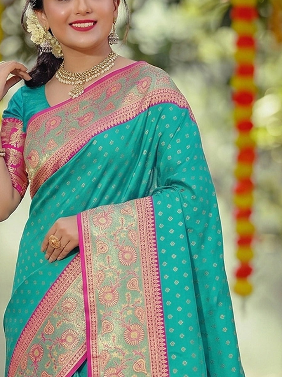 Peachmode Sea Green Silk Blend Woven Saree - Image 6