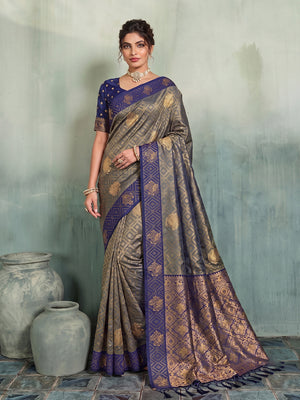 Peachmode Grey Silk Blend Woven Saree - Image 1