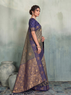 Peachmode Grey Silk Blend Woven Saree - Image 2