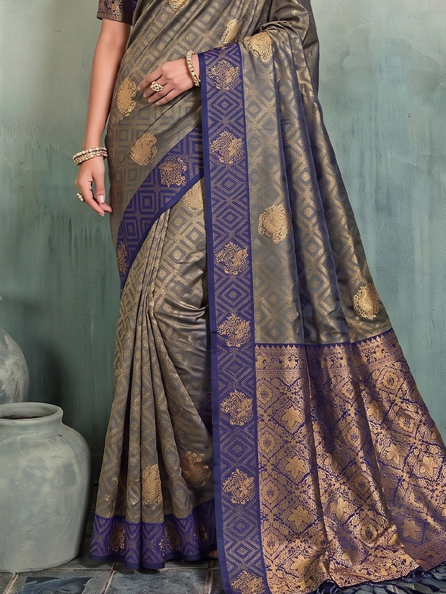 Peachmode Grey Silk Blend Woven Saree - Image 5