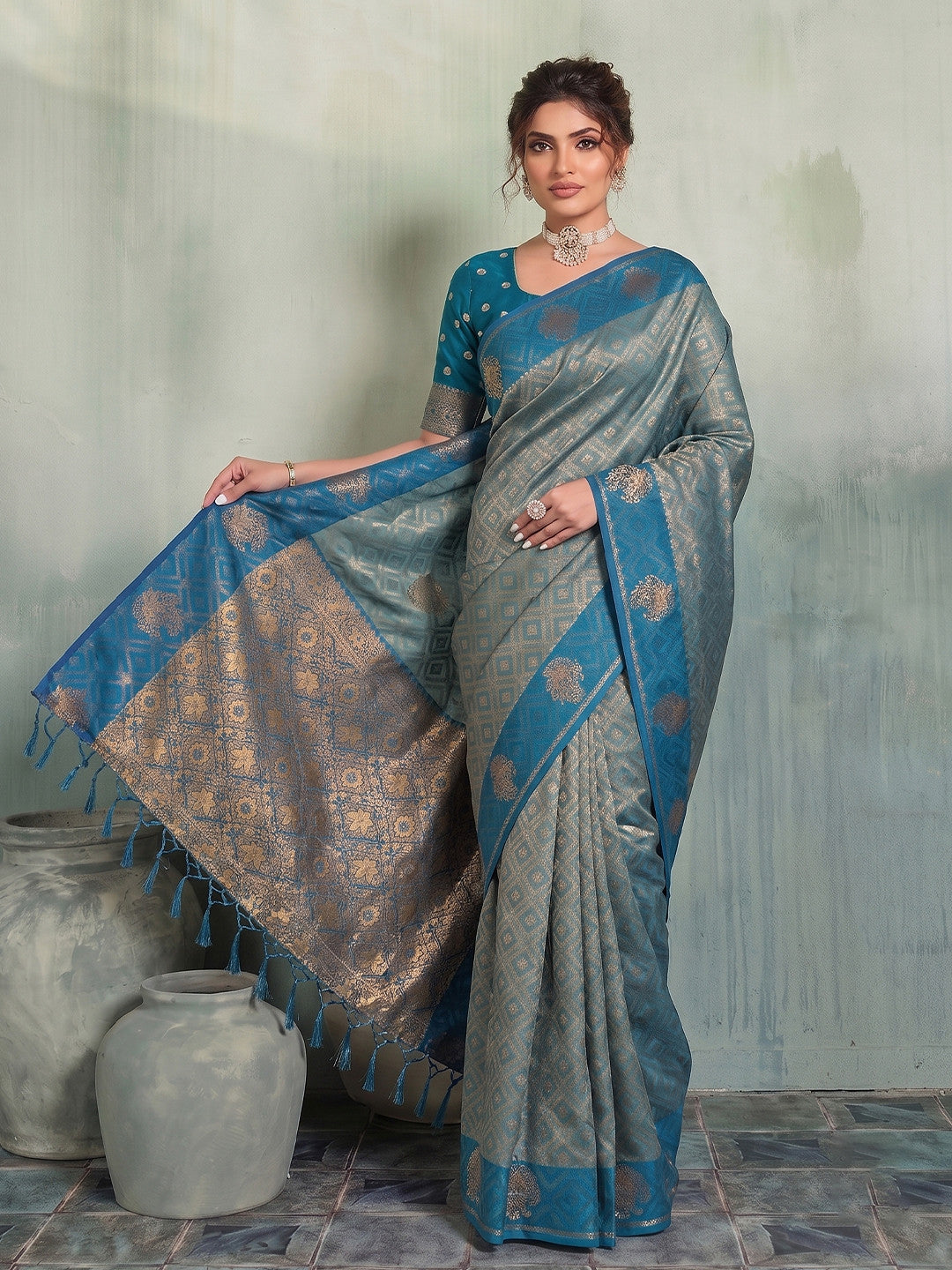 Peachmode Light Blue Silk Blend Woven Saree - Image 1