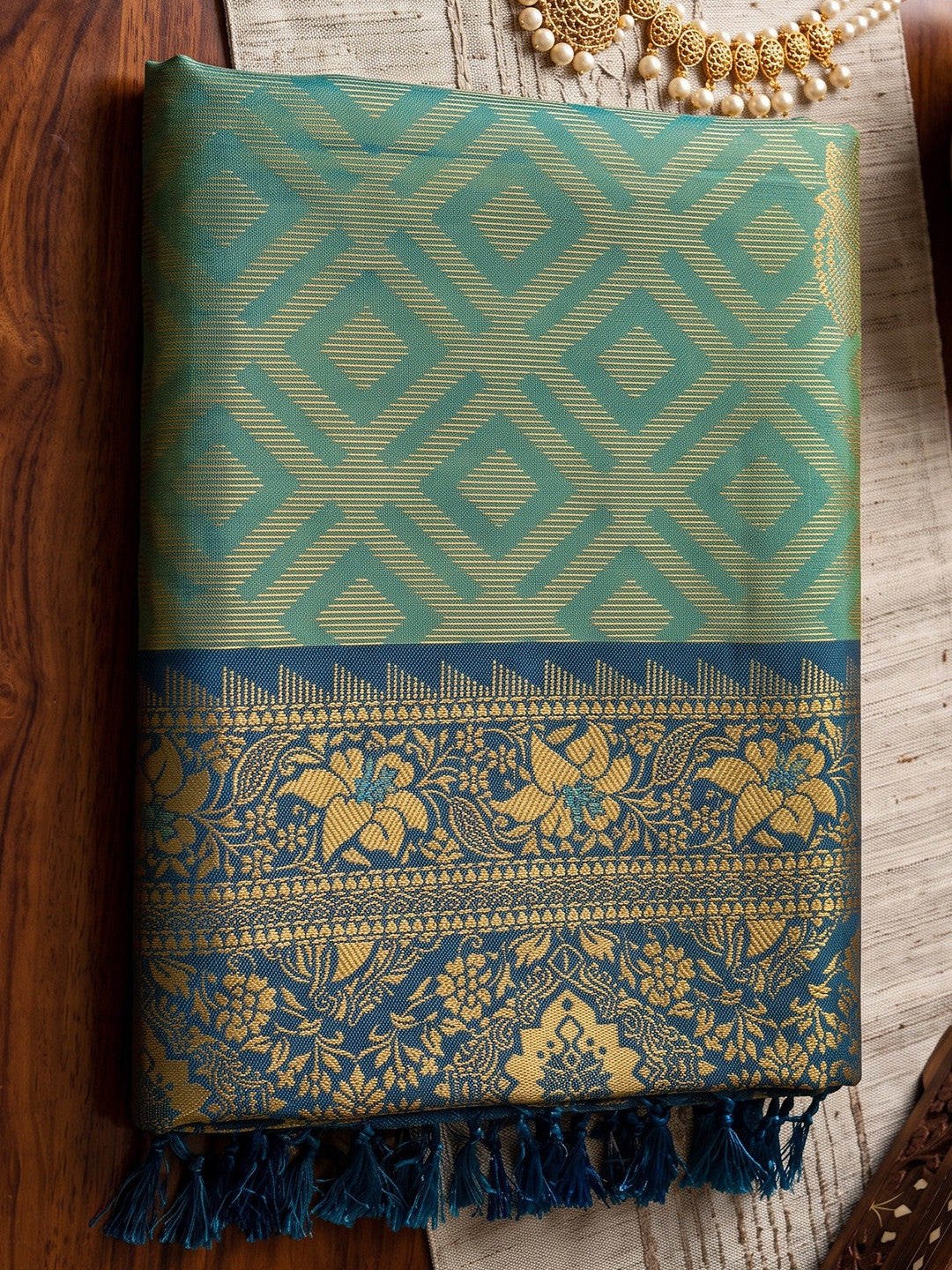 Peachmode Light Blue Silk Blend Woven Saree - Image 5