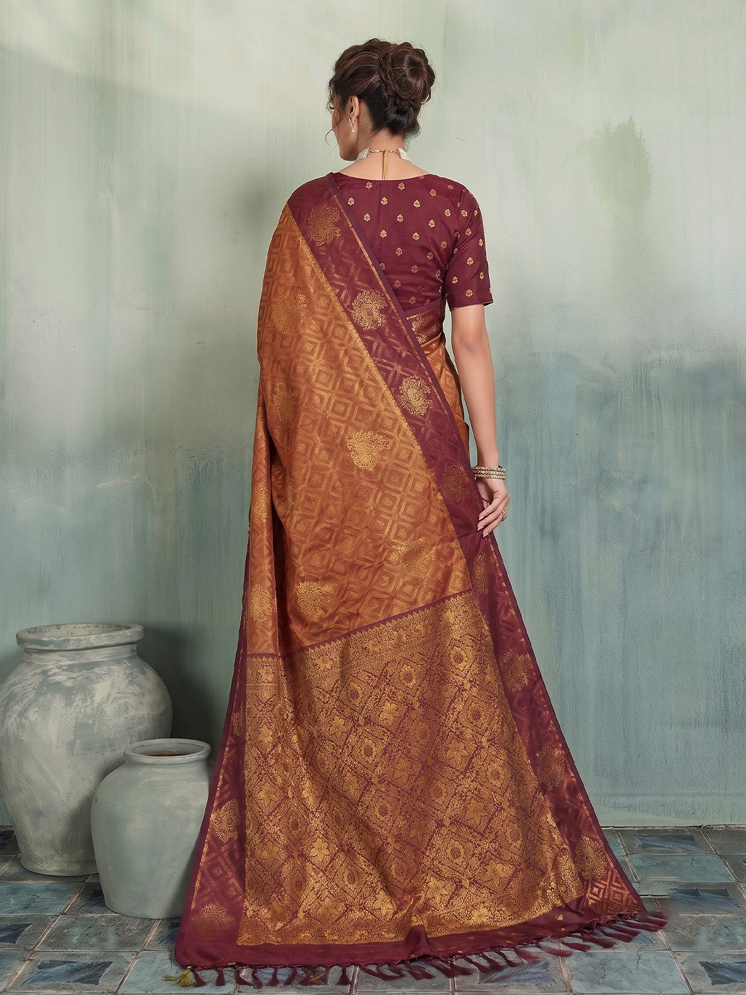 Peachmode Rust Silk Blend Woven Saree - Image 2