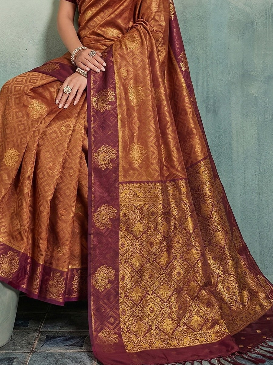 Peachmode Rust Silk Blend Woven Saree - Image 5