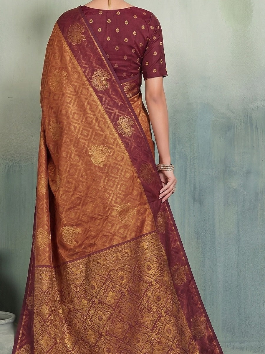 Peachmode Rust Silk Blend Woven Saree - Image 6