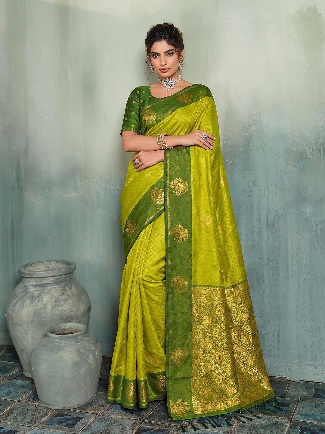 Peachmode Mustard Silk Blend Woven Saree - Image 1