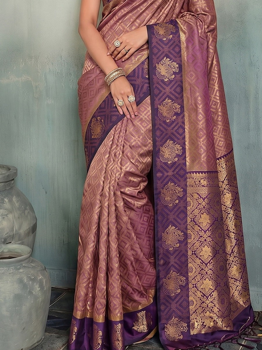 Peachmode Dark Magenta Silk Blend Woven Saree - Image 5