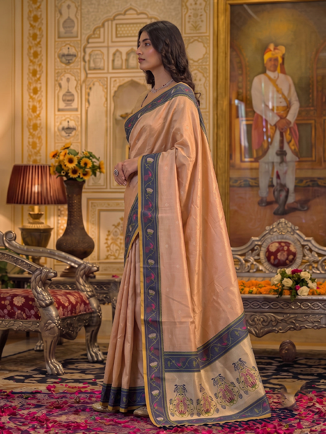 Peachmode Peach Tissue Silk Woven Saree - Image 2