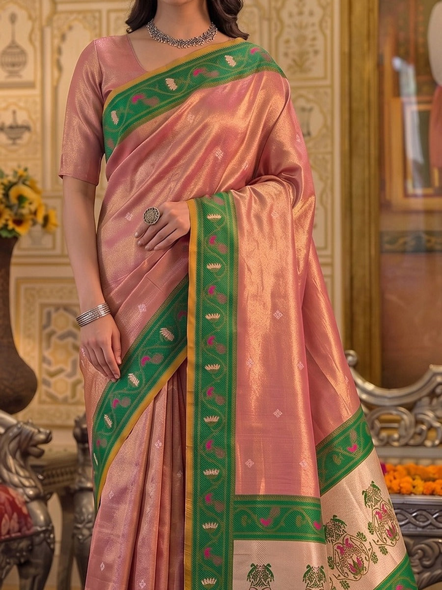 Peachmode Light Pink Tissue Silk Woven Saree - Image 4