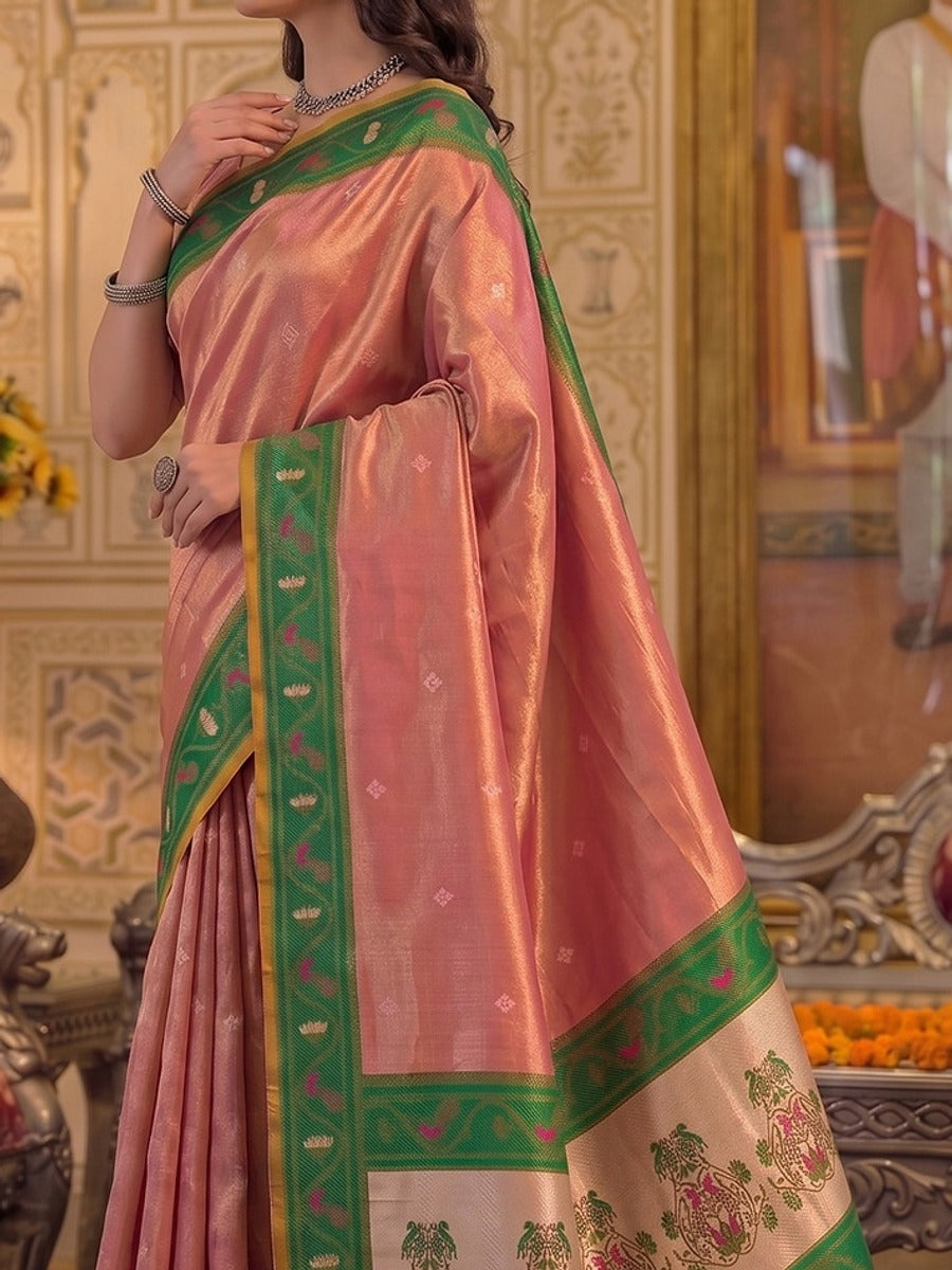 Peachmode Light Pink Tissue Silk Woven Saree - Image 6