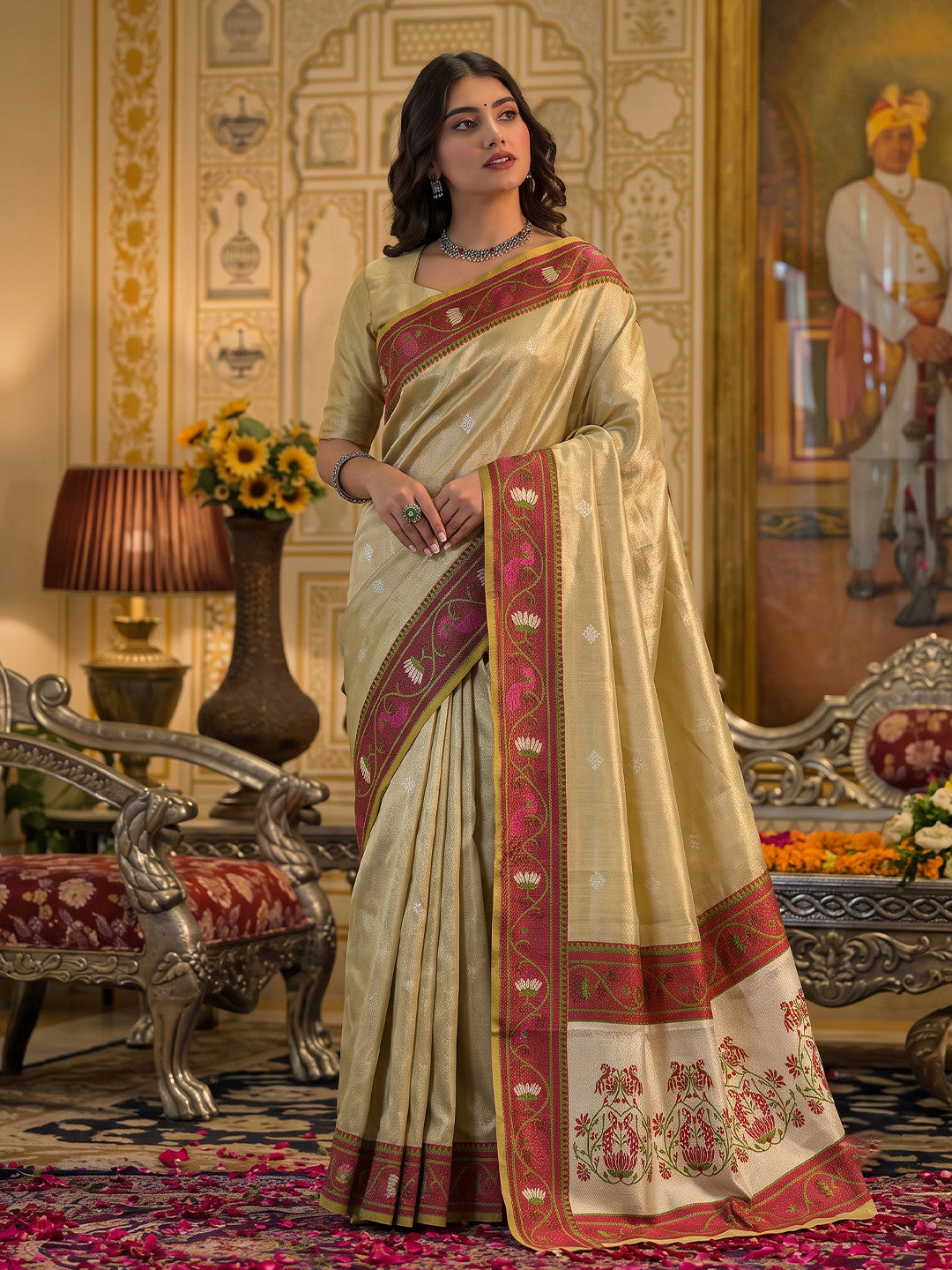 Peachmode Beige Tissue Silk Woven Saree - Image 1