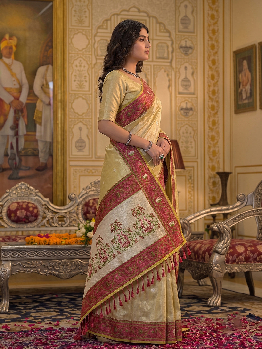 Peachmode Beige Tissue Silk Woven Saree - Image 2