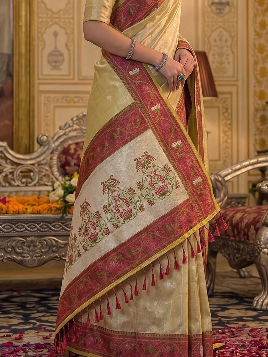 Peachmode Beige Tissue Silk Woven Saree - Image 5