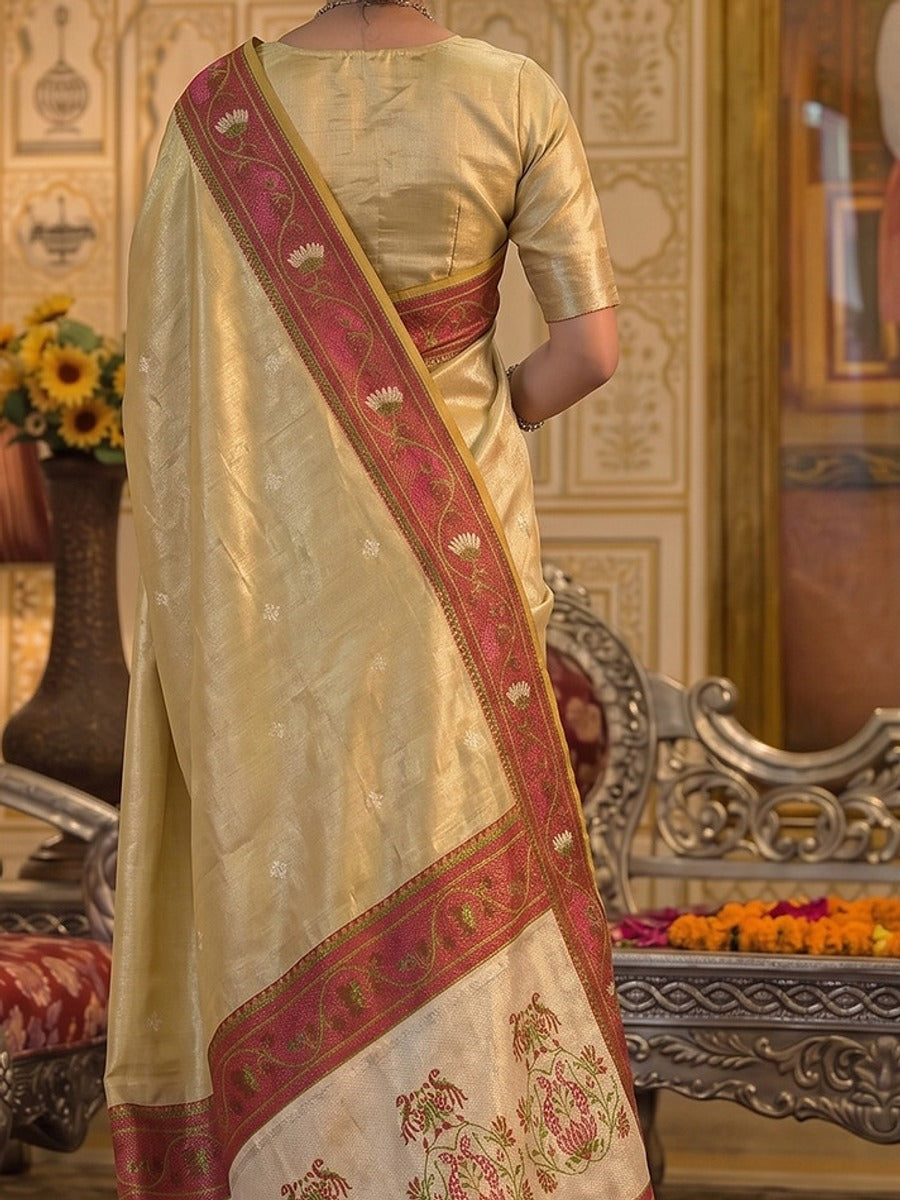 Peachmode Beige Tissue Silk Woven Saree - Image 6