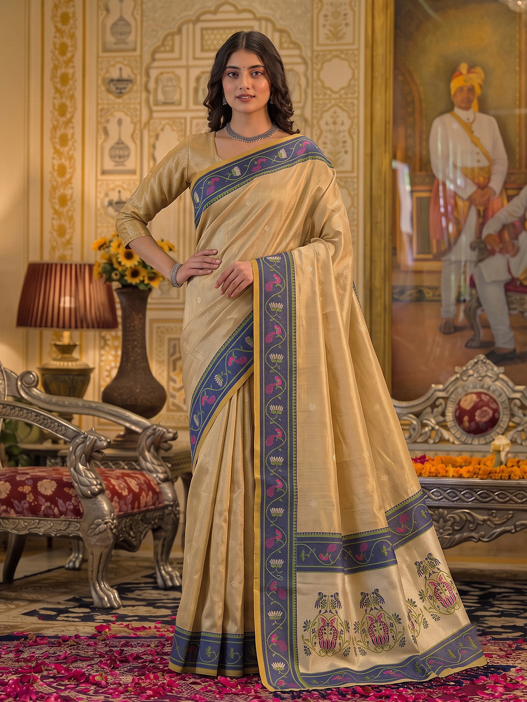 Peachmode Light Golden Tissue Silk Woven Saree - Image 1