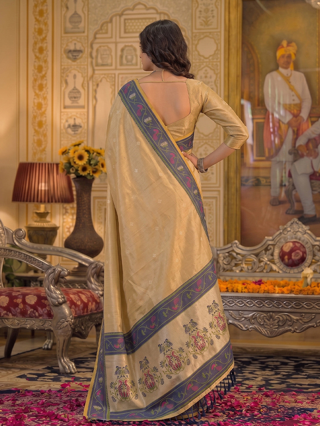 Peachmode Light Golden Tissue Silk Woven Saree - Image 3