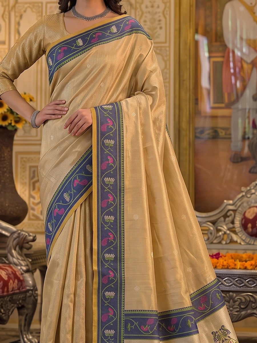 Peachmode Light Golden Tissue Silk Woven Saree - Image 4