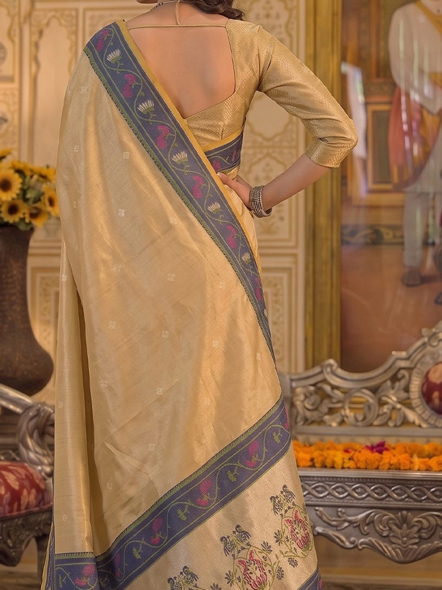 Peachmode Light Golden Tissue Silk Woven Saree - Image 6