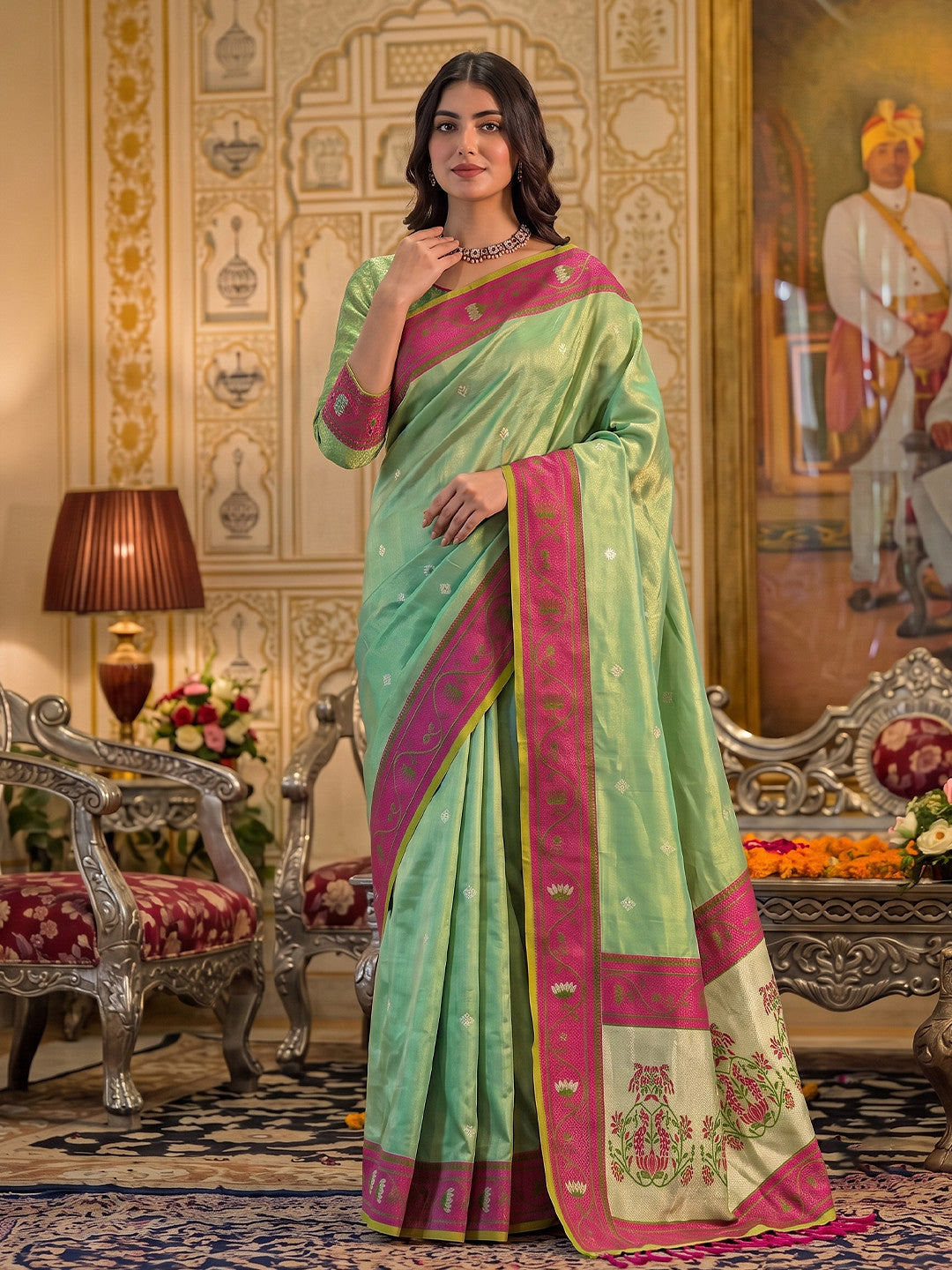 Peachmode Green Tissue Silk Woven Saree - Image 1