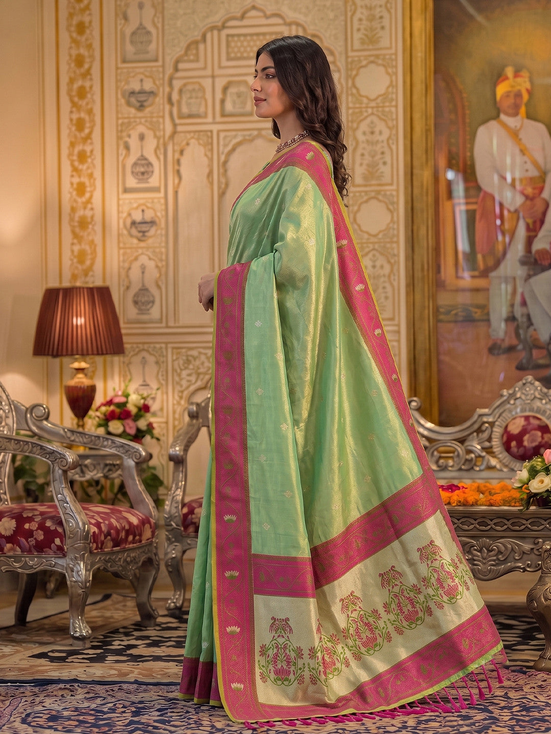 Peachmode Green Tissue Silk Woven Saree - Image 2