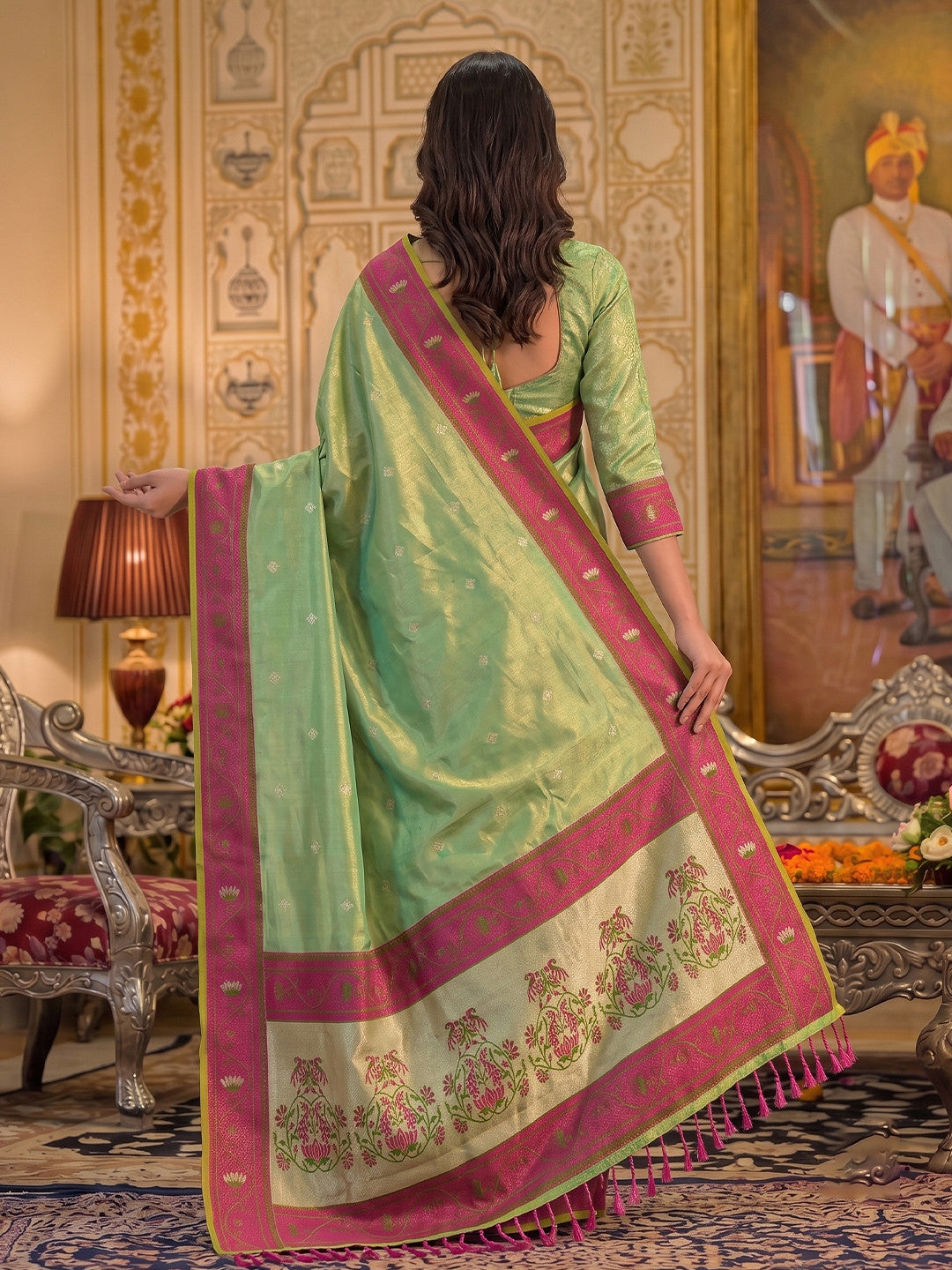 Peachmode Green Tissue Silk Woven Saree - Image 3