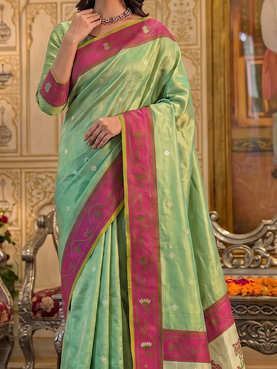 Peachmode Green Tissue Silk Woven Saree - Image 4