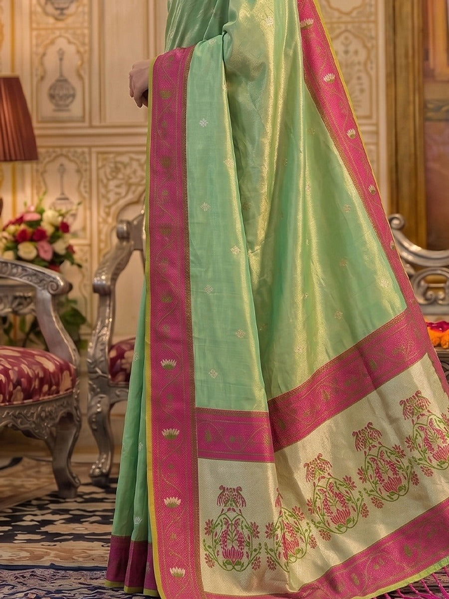 Peachmode Green Tissue Silk Woven Saree - Image 5