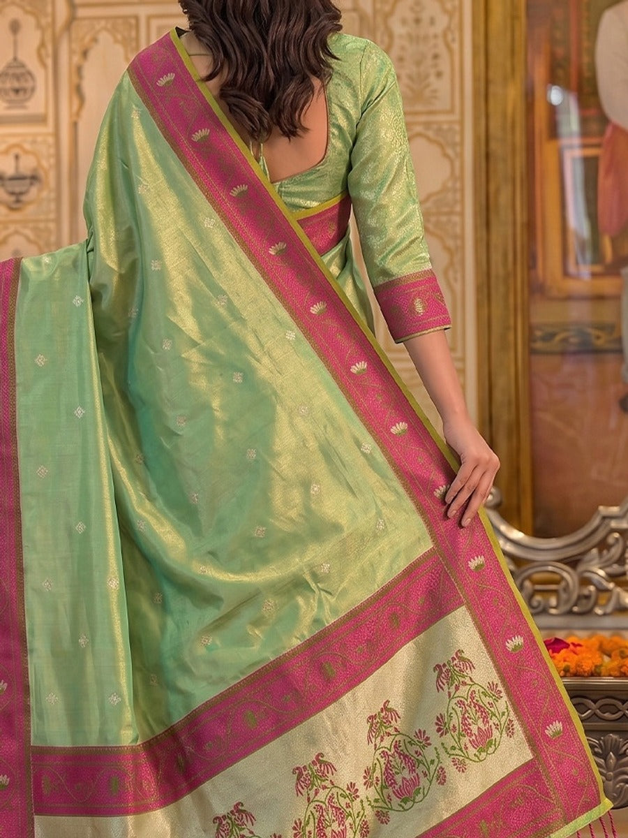 Peachmode Green Tissue Silk Woven Saree - Image 6