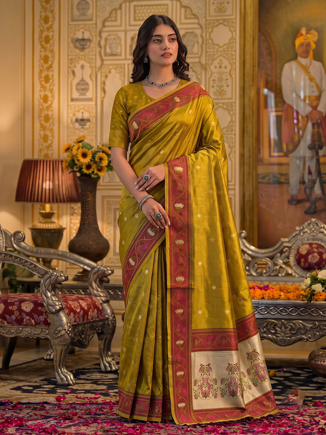 Peachmode Dark Brown Tissue Silk Woven Saree - Image 1