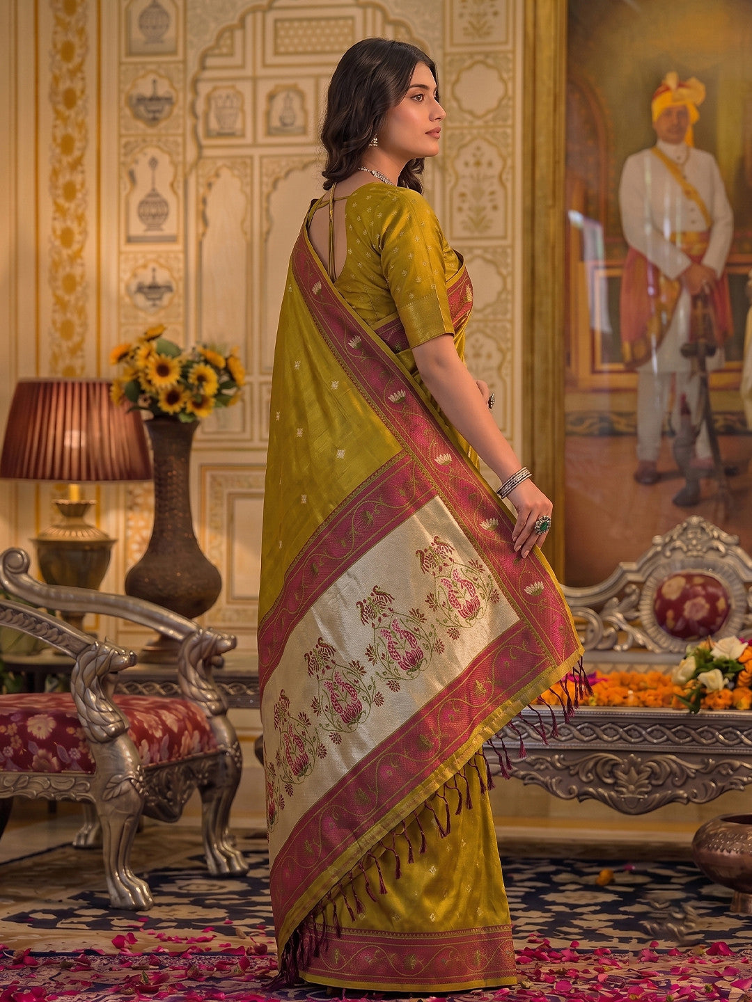 Peachmode Dark Brown Tissue Silk Woven Saree - Image 3