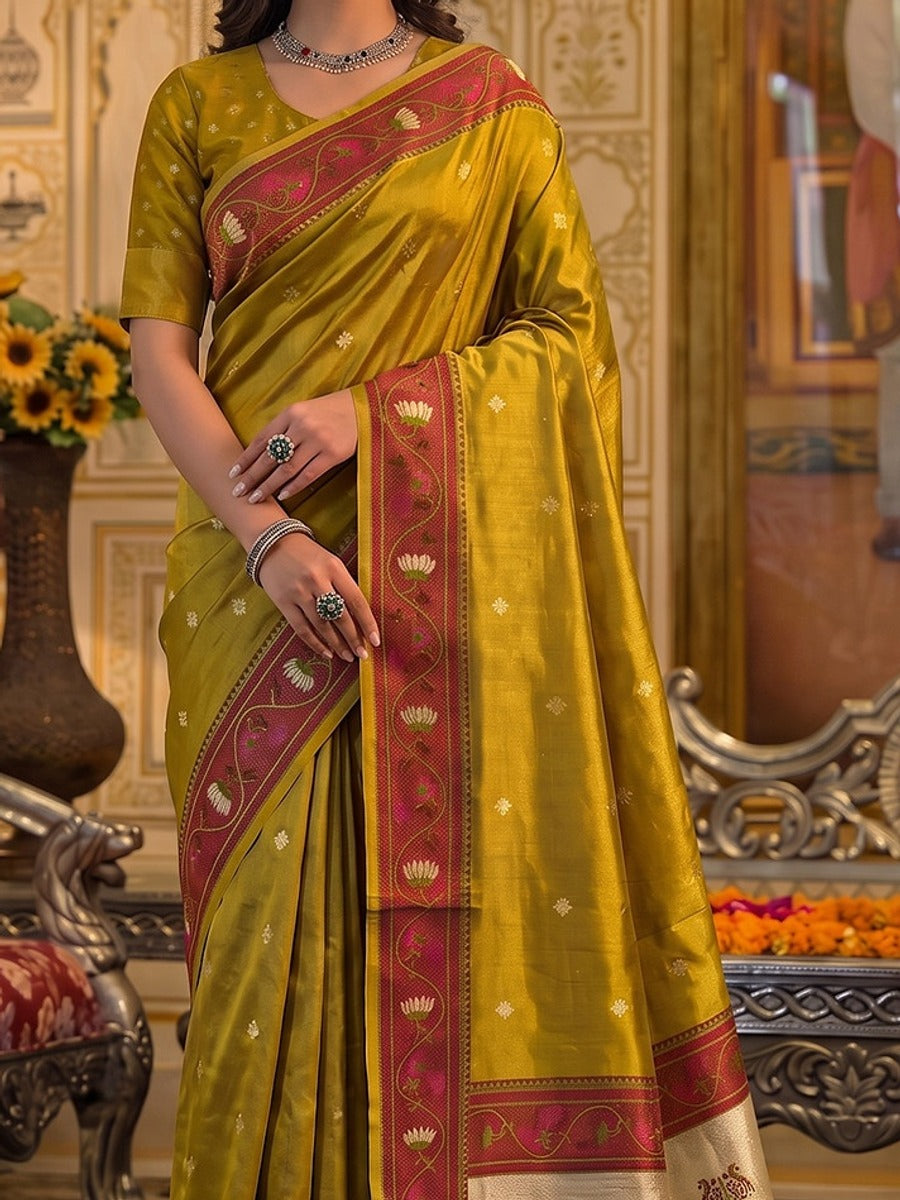 Peachmode Dark Brown Tissue Silk Woven Saree - Image 4