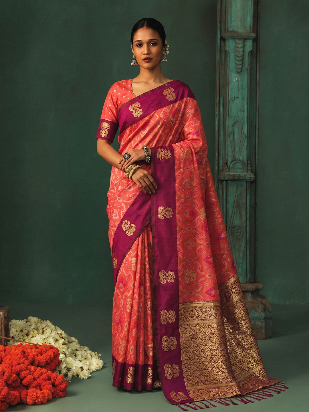 Peachmode Peach Silk Blend Woven Saree - Image 1