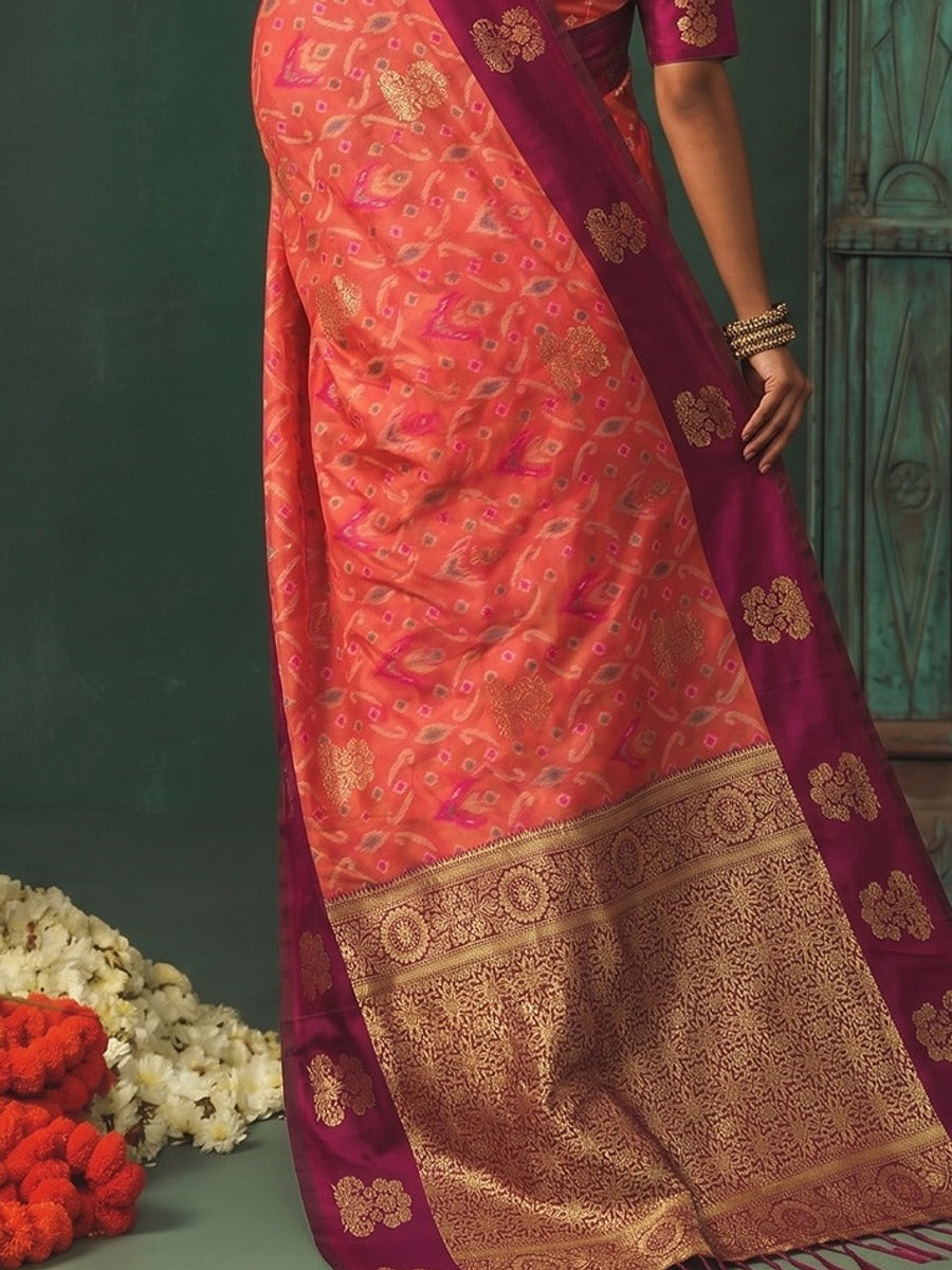 Peachmode Peach Silk Blend Woven Saree - Image 5