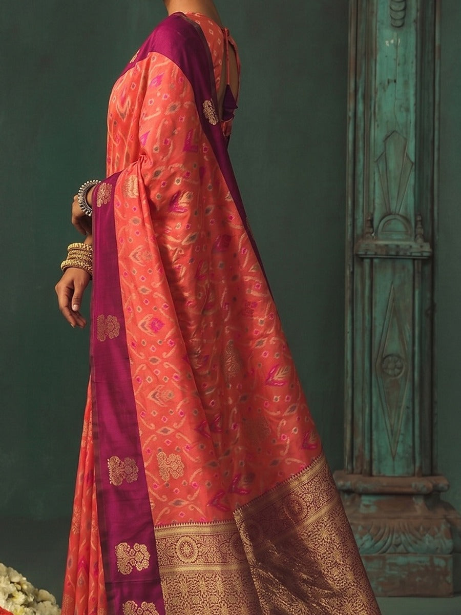 Peachmode Peach Silk Blend Woven Saree - Image 6