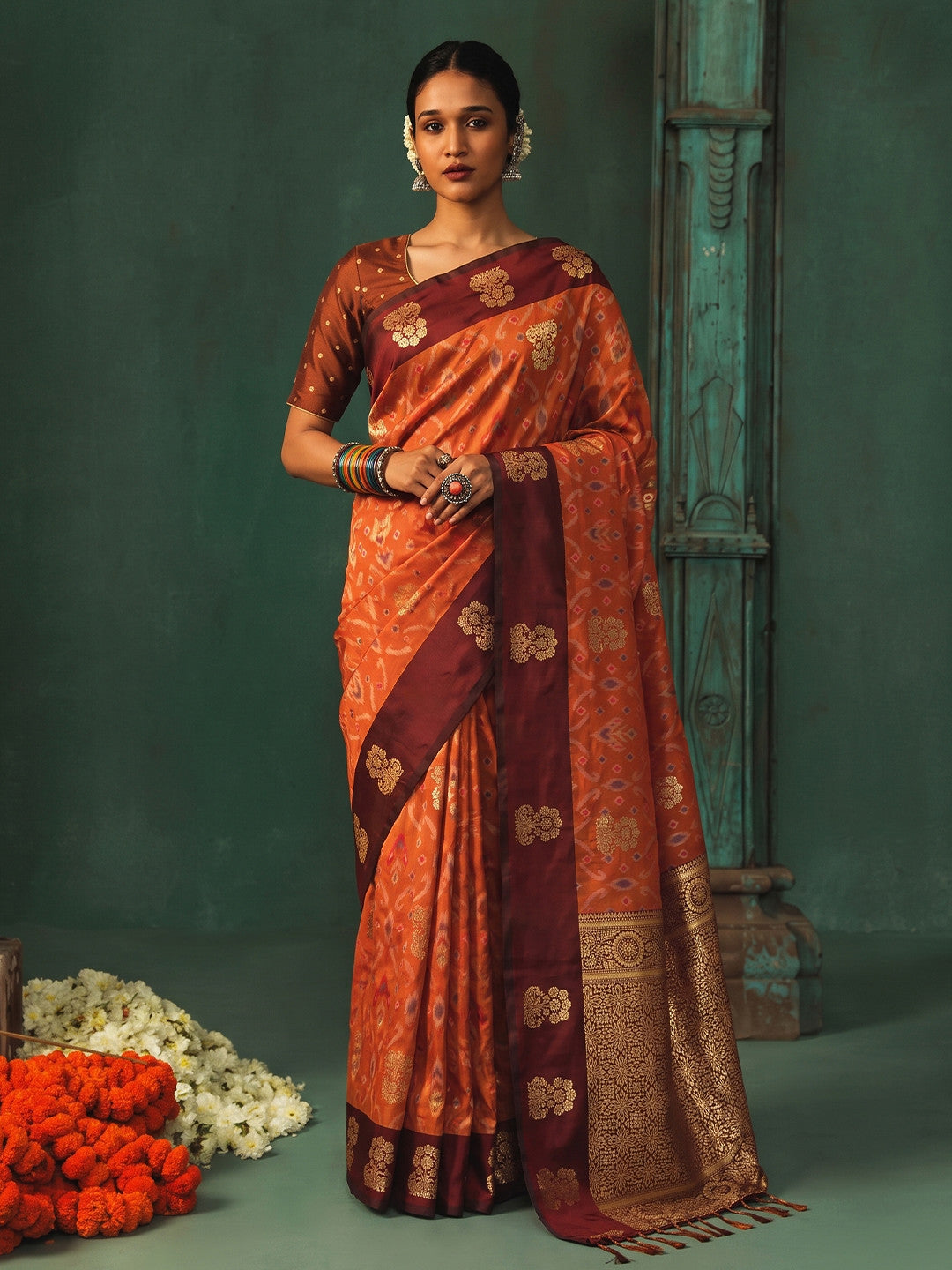 Peachmode Orange Silk Blend Woven Saree - Image 1