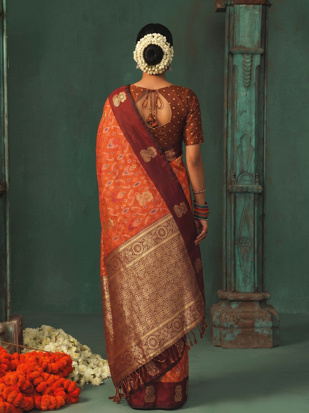 Peachmode Orange Silk Blend Woven Saree - Image 2